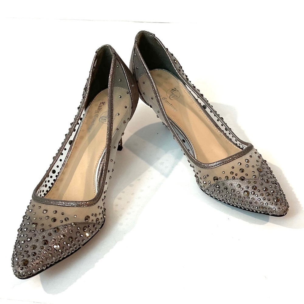 Bedazzled mesh gunmetal 2” kitten heels